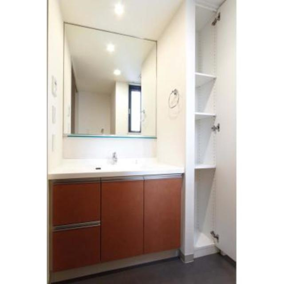 ブラウンのパネルの独立洗面台に可動式の収納が横についています。※写真は同タイプ住戸です。
