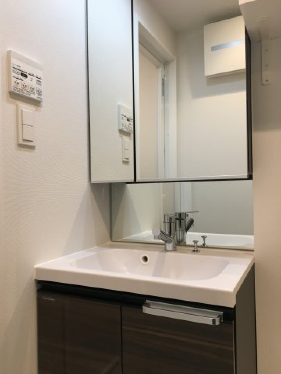 洗面台は収納もたっぷりできそうなのと、鏡が大きいのが特徴です。
