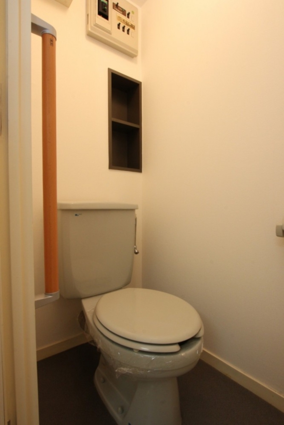 トイレは薄いグリーン。壁の小さな棚が便利