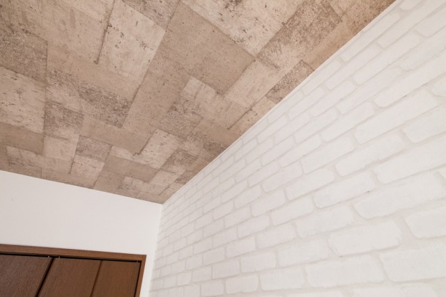 天井はコンクリート柄、壁はレンガ調のクロスが部屋のアクセントに。