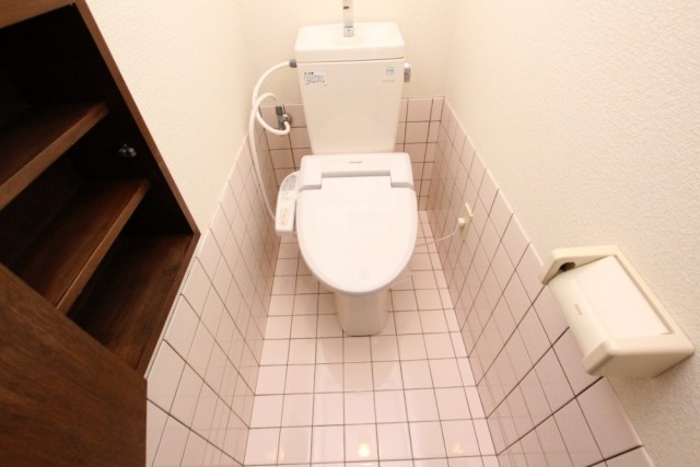 トイレはタイル仕様。トイレットペーパー収納もある。