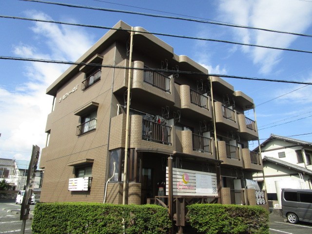 外観、植栽がぐるっと囲っています