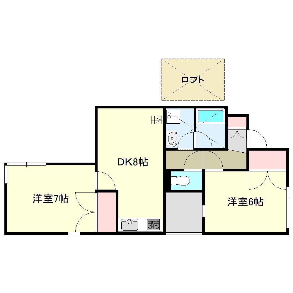 2DKの間取り図。こちらも三角形...