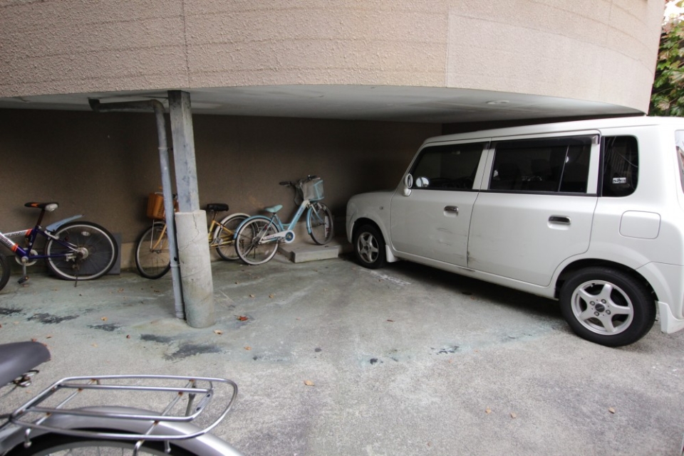 狭い低い駐車場。お隣さんは軽自動車です。運転技術に自信のある方お願いします。