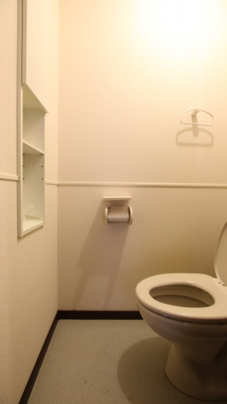 トイレにラックとタオルハンガーが標準装備。