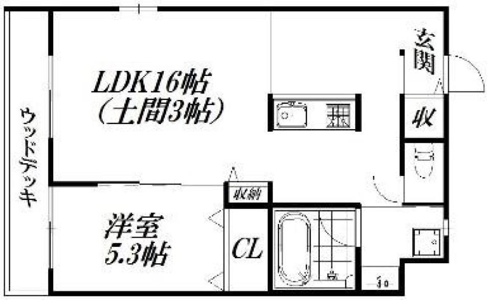 土間とウッドデッキで嗜む！の間取り図