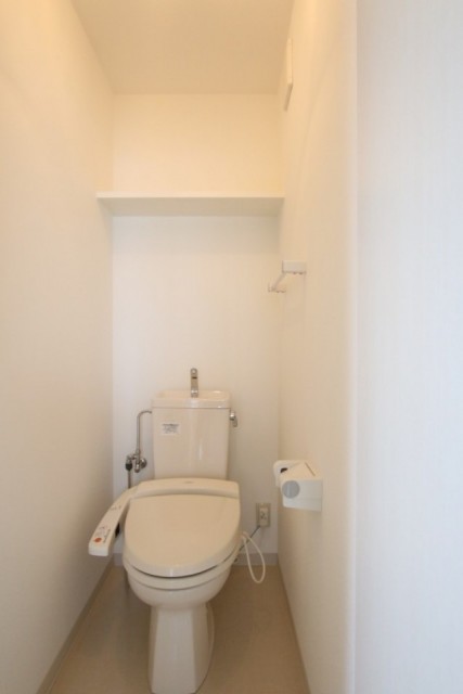トイレには棚もあるから、トイレットペーパーの替えを収納するのに便利。