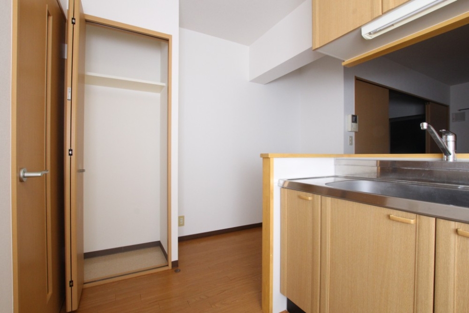 キッチン脇には収納と食器棚スペースがある。