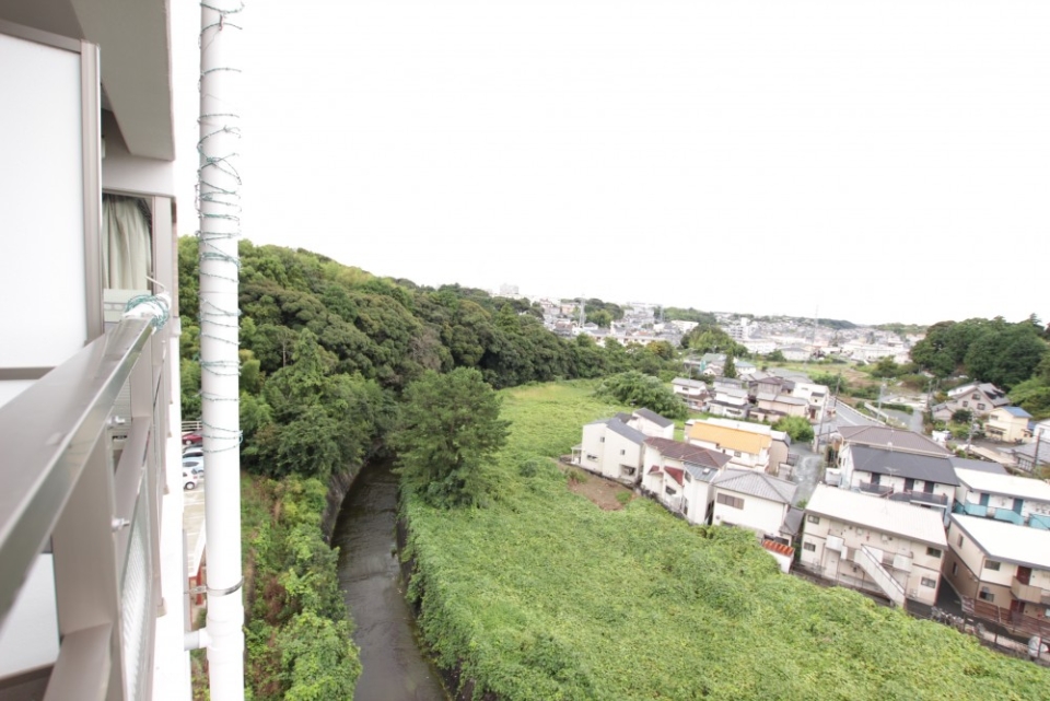 バルコニーからの眺め。川を挟んで住宅街を見下ろします。