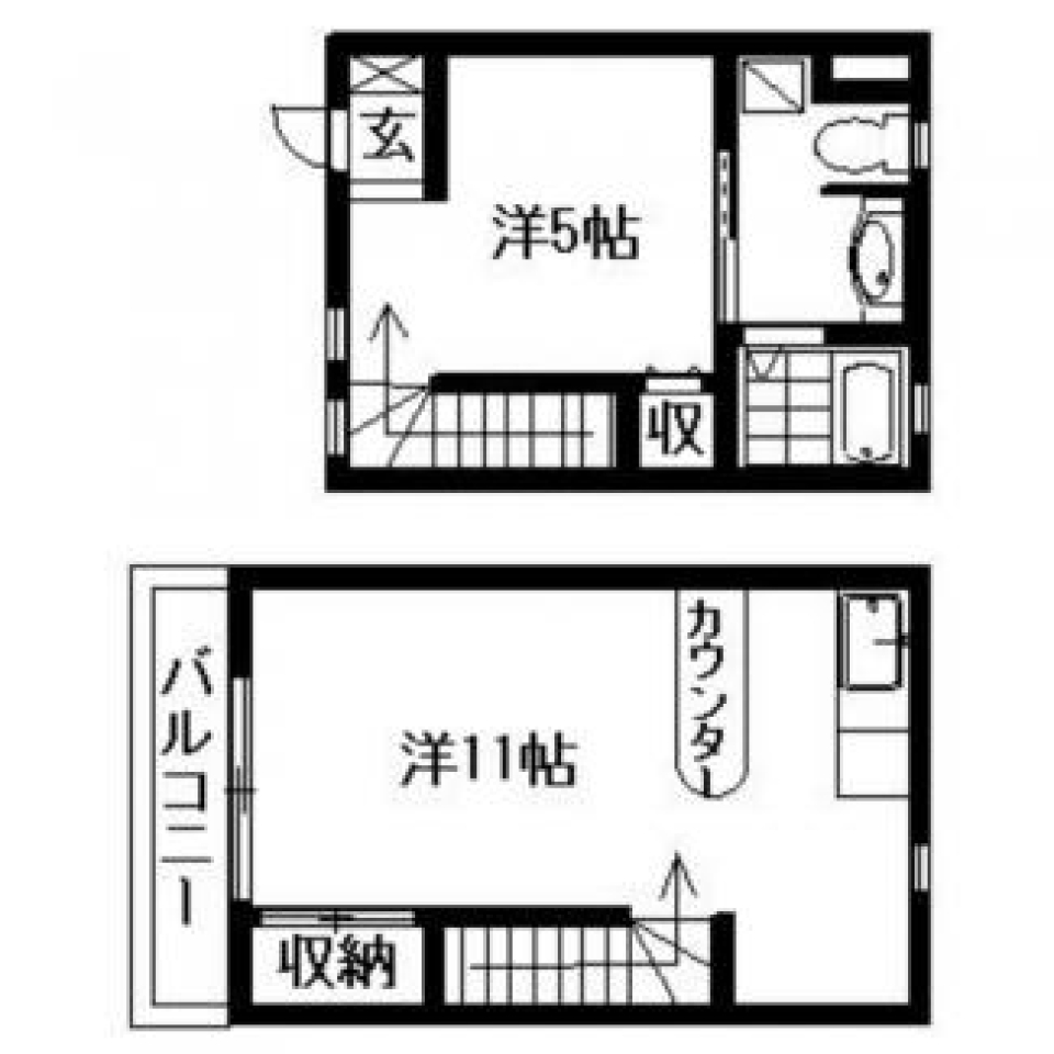 アート空間でくつろぐ、メゾネット1LDKの間取り図