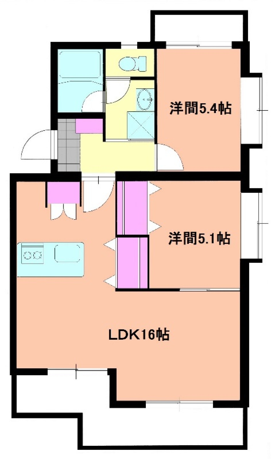 L字の和やかリビング16帖。の間取り図