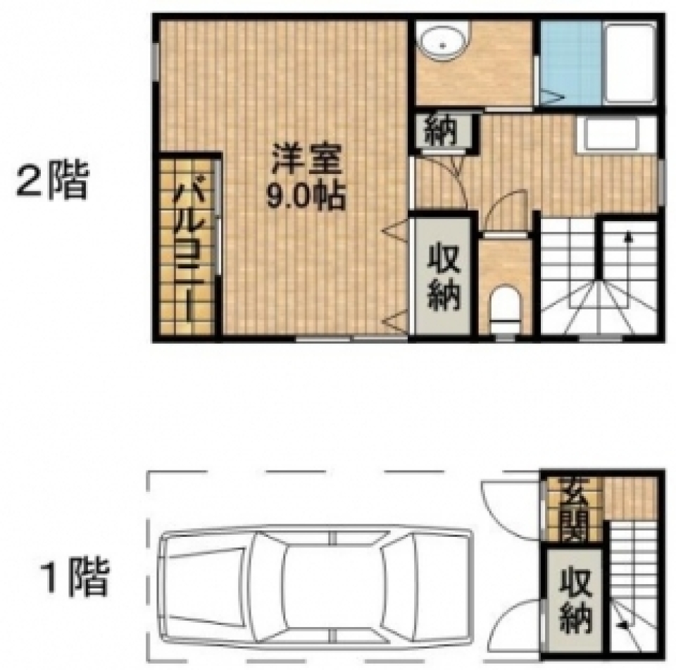 光あふれる2フロア・1DKの間取り図