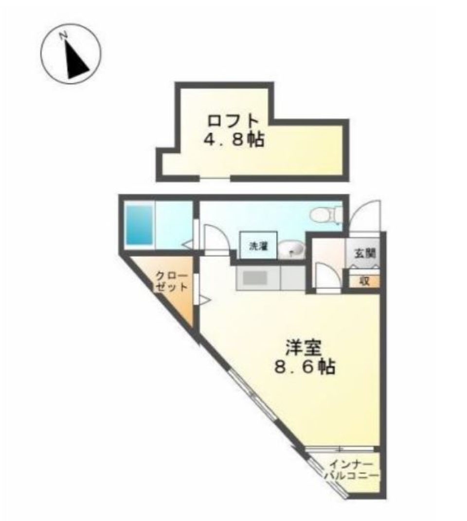 【家電付き】不思議な形のお部屋の間取り図