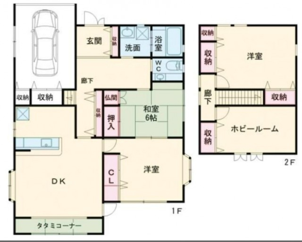 【ガレージ付】家族で住む、明るいおうちの間取り図