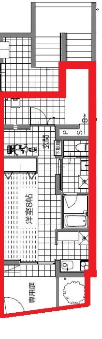 赤色で囲まれた部分が専有面積です。