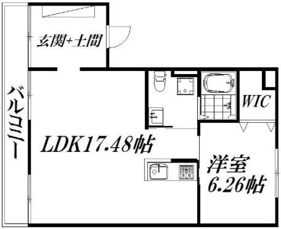 期待の新築1L：土間を通れば広々リビング！の間取り図