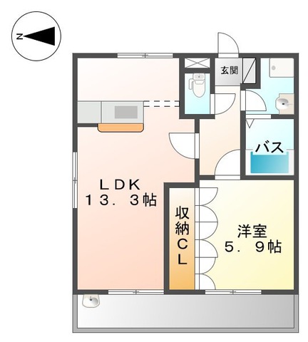 1LDKの間取り図。