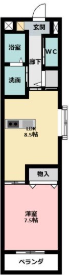 1LDKの間取り図。