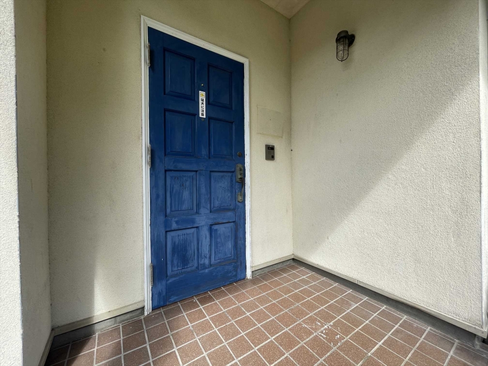 玄関ドアは木製のアンティーク調で青い色が印象的。