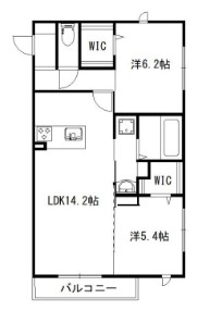 14.2帖のLDKと、6.2帖・5.4帖の洋室がある2LDKの間取り。