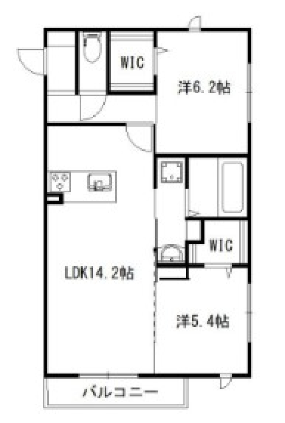 14.2帖のLDKと、6.2帖・5.4帖の洋室がある2LDKの間取り。