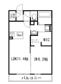 11.4帖のLDKと6.2帖の洋室がある1LDKの間取り。