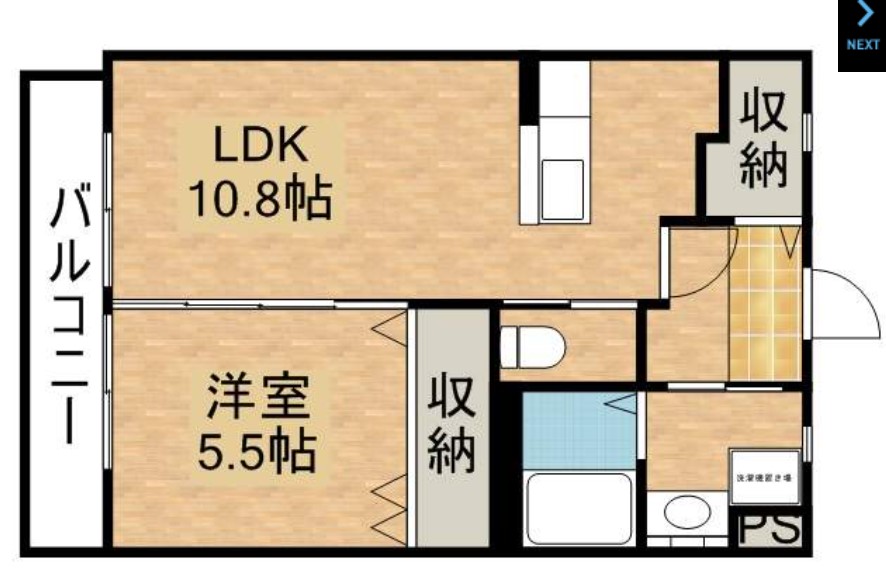 10.8帖のLDKと5.5帖の洋室が引き戸で区切られている間取り