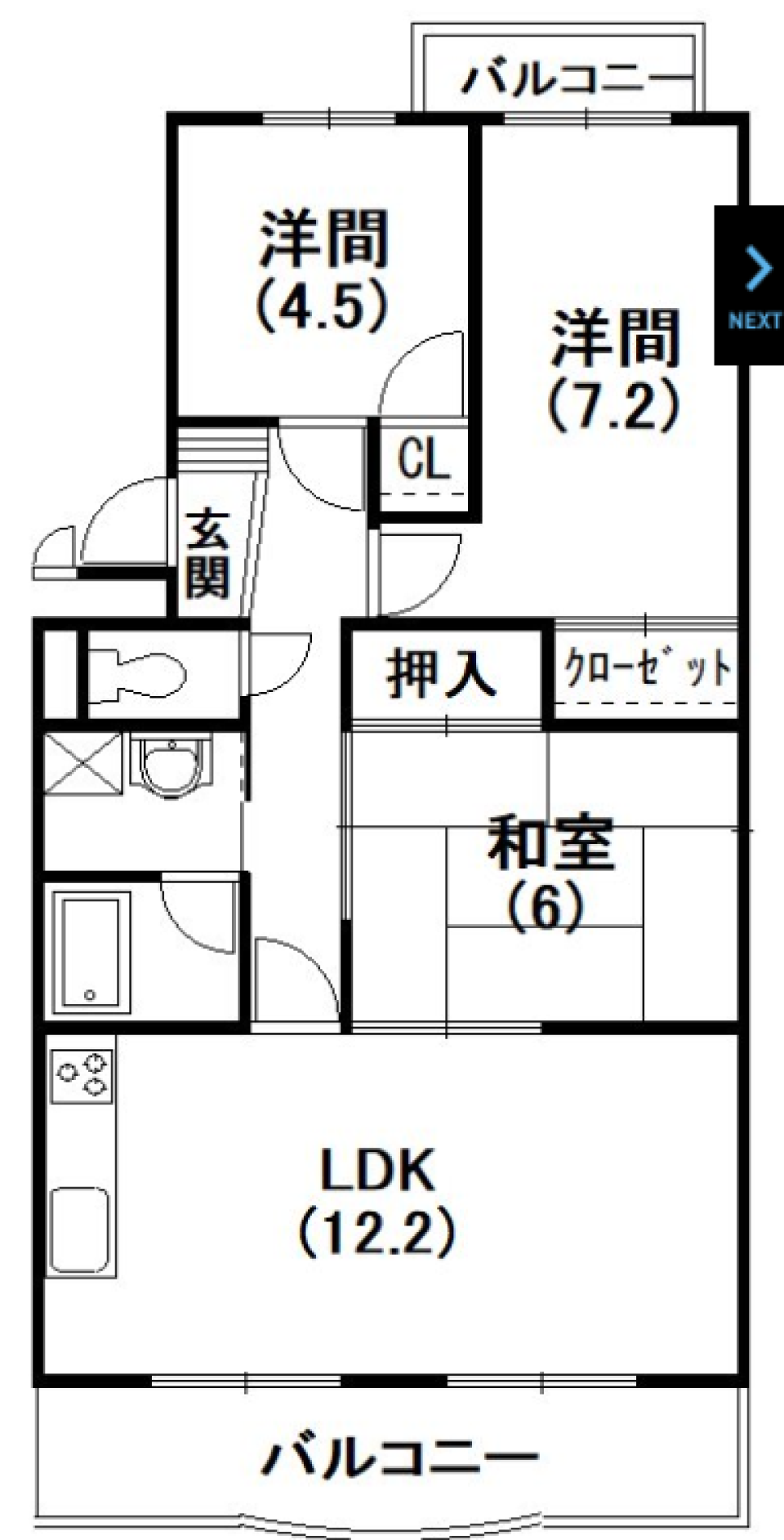 光り差し込む明るい３LDKの間取り図