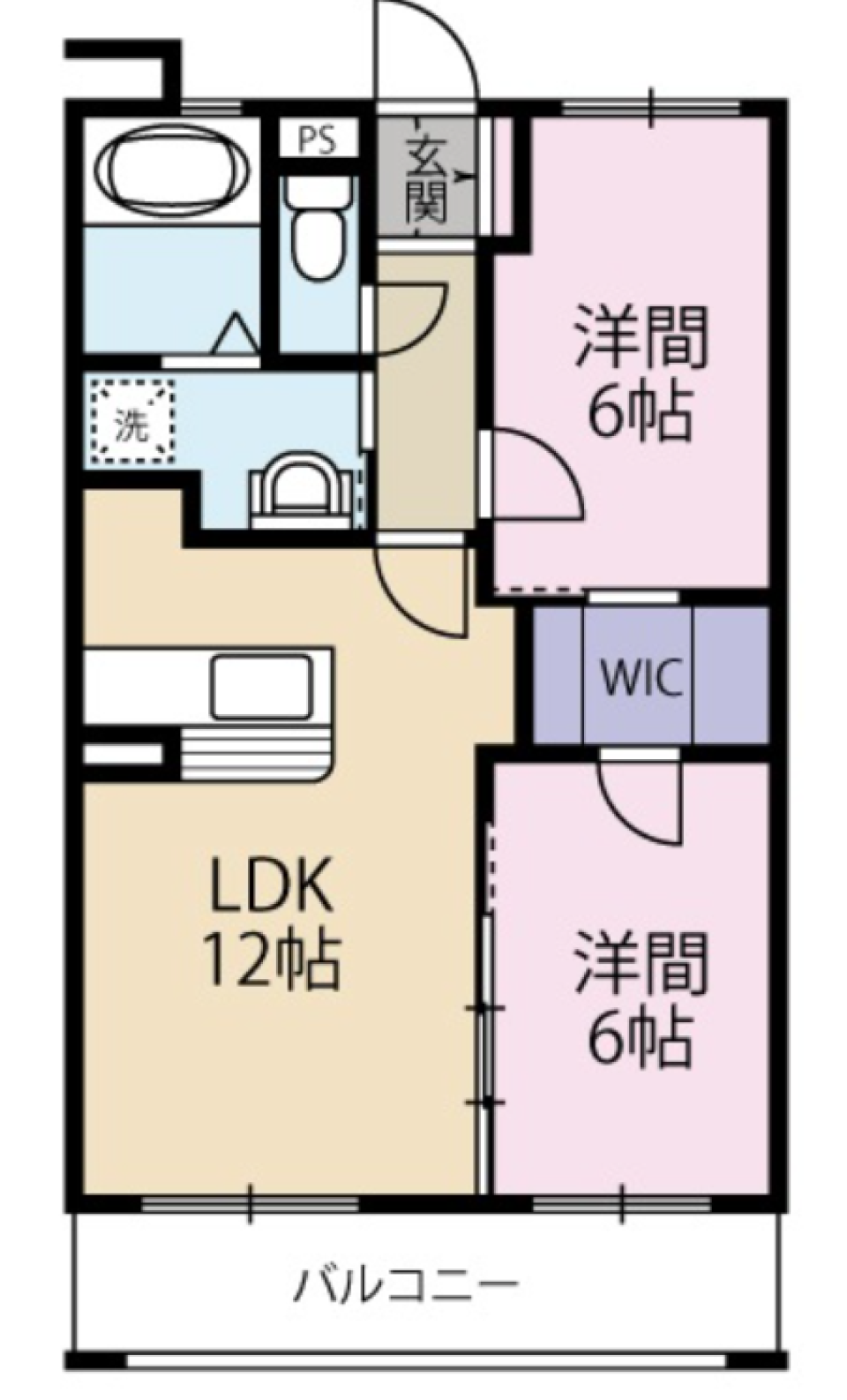 扉で繋がる2LDKの間取り図