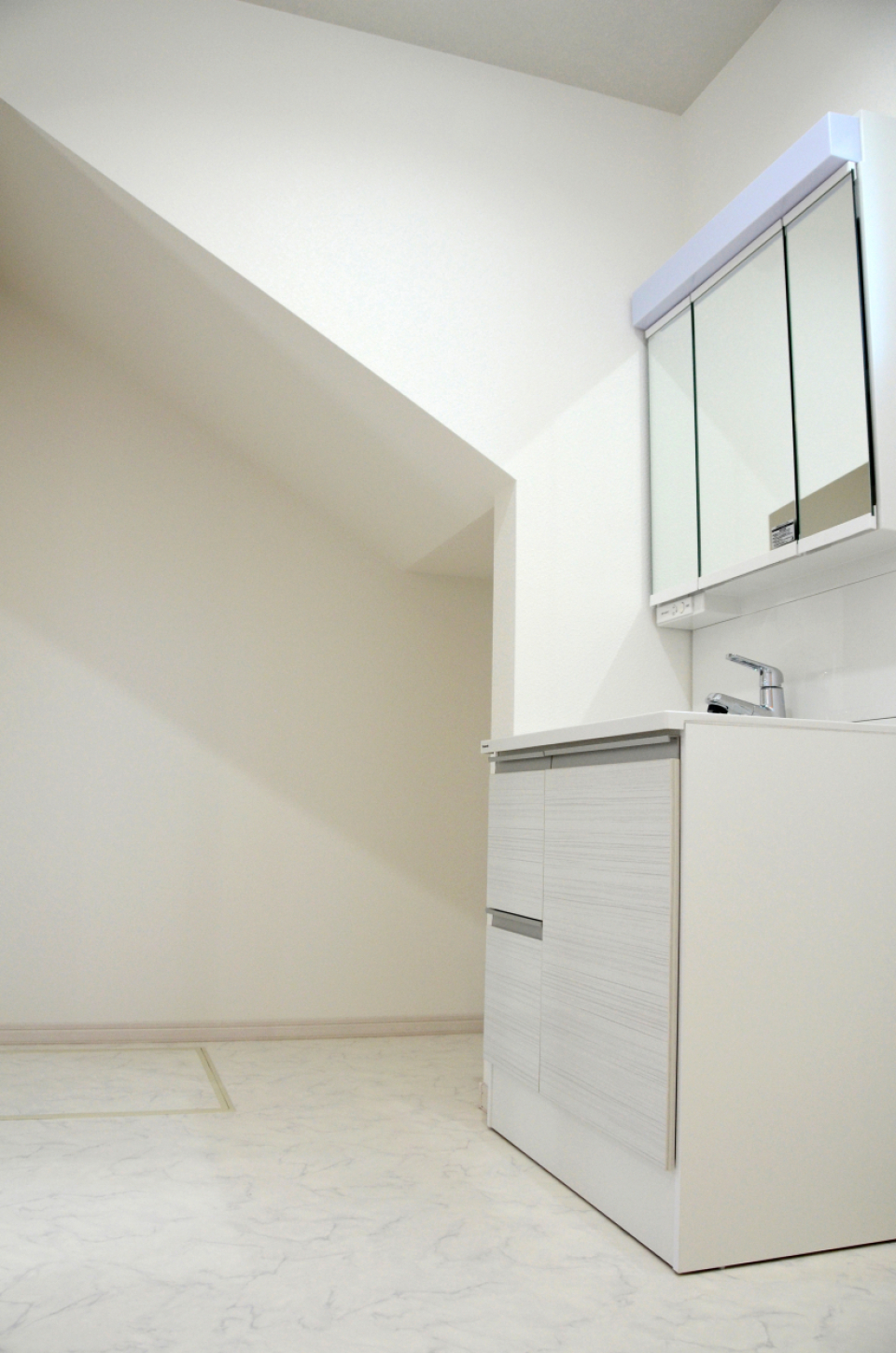 洗面スペースの横は階段下のスペースを活用した空間となっており、収納スペースとして活用できる。