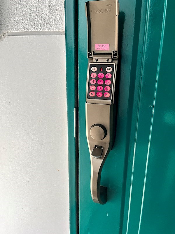 ショッキング緑が印象的な玄関扉