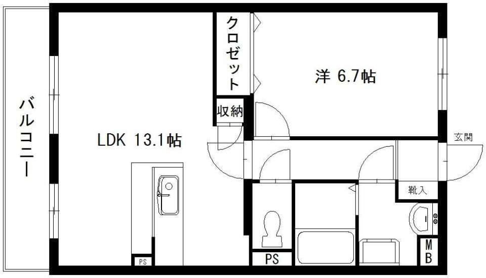 1LDKの間取り図。