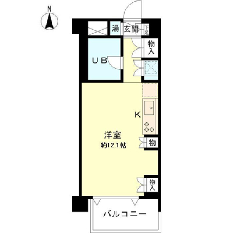 赤いアクセントウォールが魅力の12.1帖ワンルームの間取り図