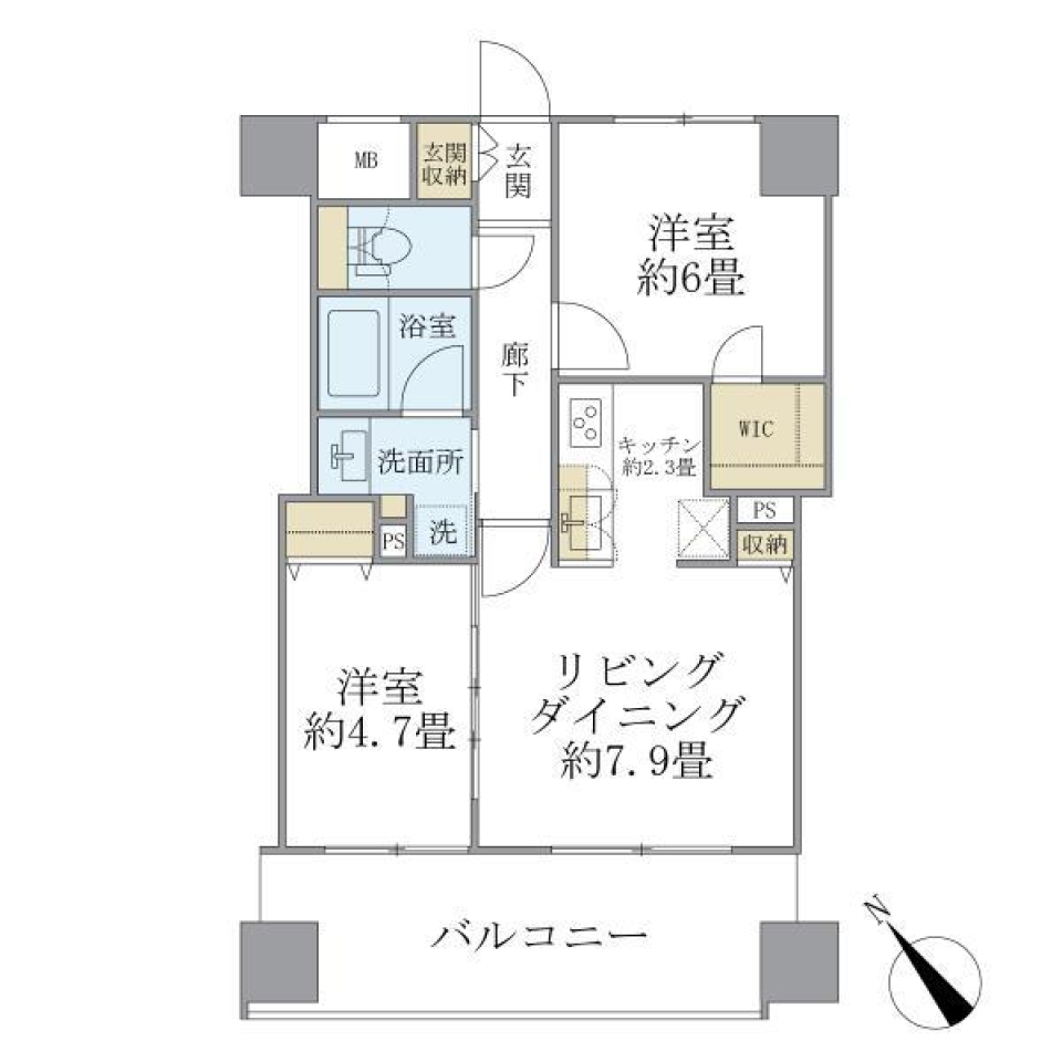 豊島区、ゆとりのある２LDKの部屋の間取り図