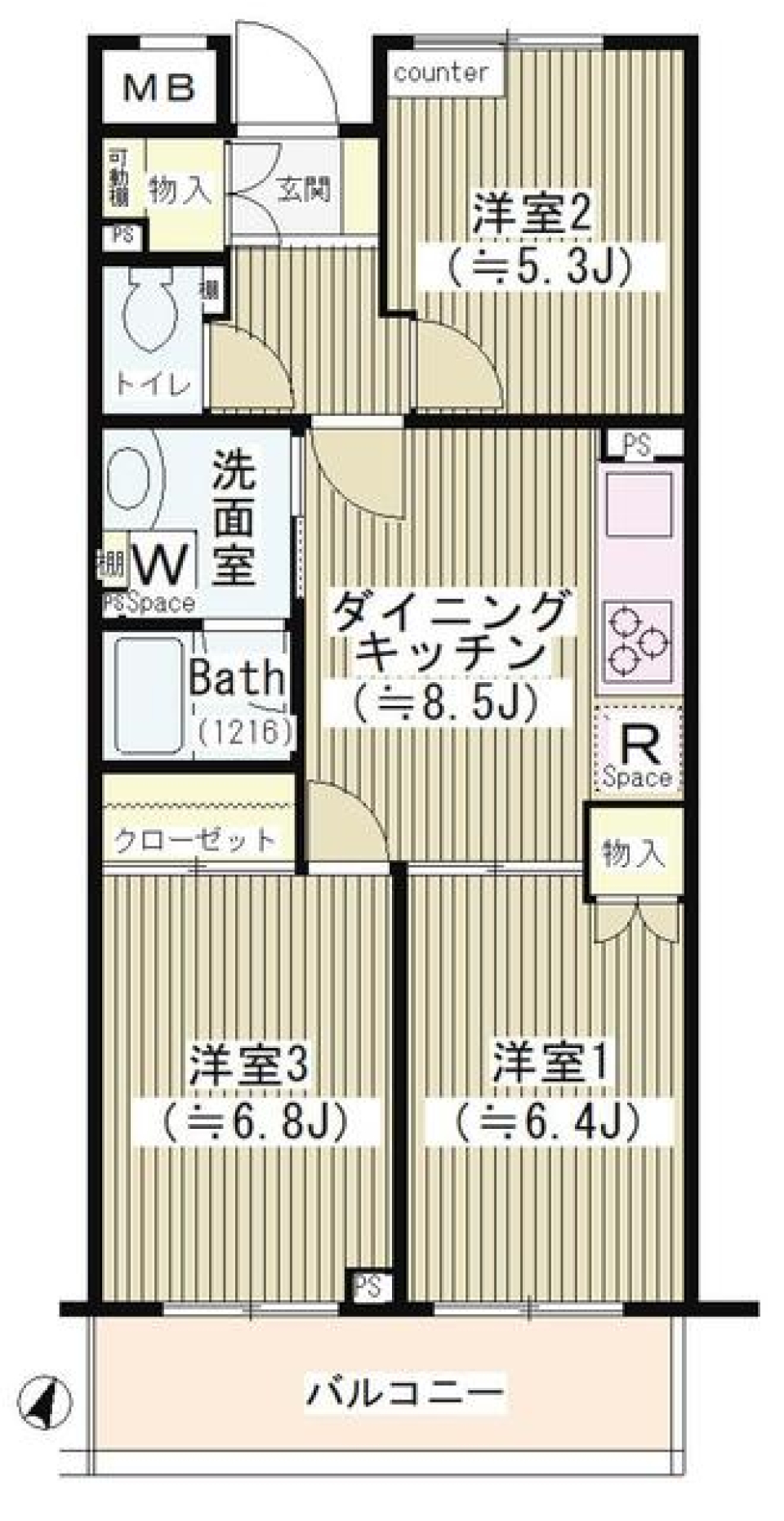 世田谷のプラクティカルな３LDKの間取り図