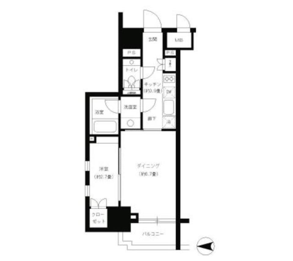 高級感のあるキッチン回りが自慢！モノトーンでシックな一部屋の間取り図