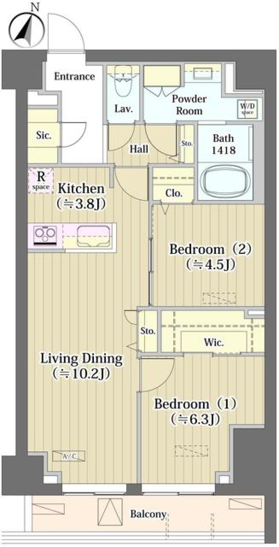 世田谷の穏やかな日々を楽しむ、快適な2LDKの空間の間取り図