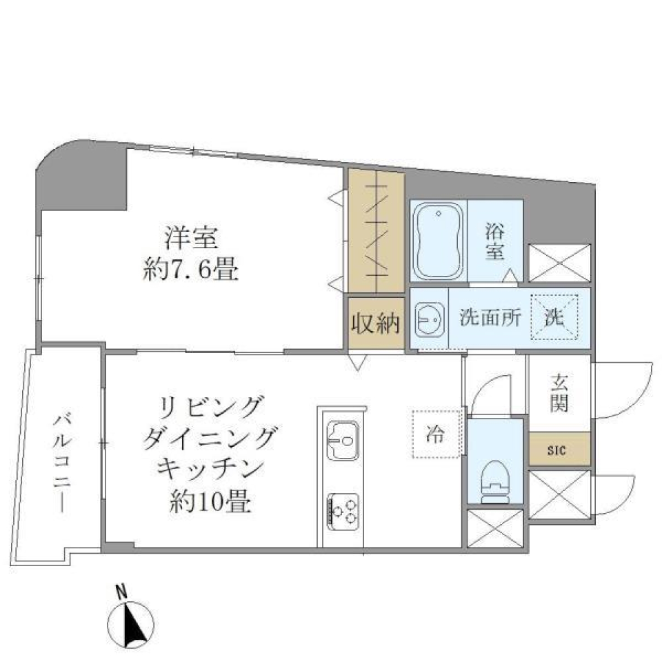 白の穏やかな光が満ちる部屋の間取り図