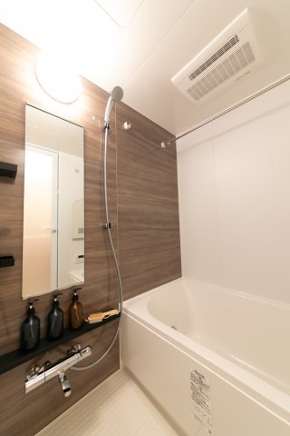 ブラウンのパネルが導入された浴室。