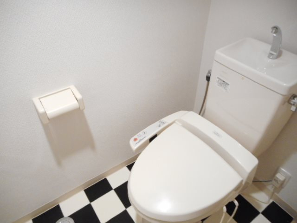 他は白基調でシンプルな造りに対し、トイレの床はチェック柄です。