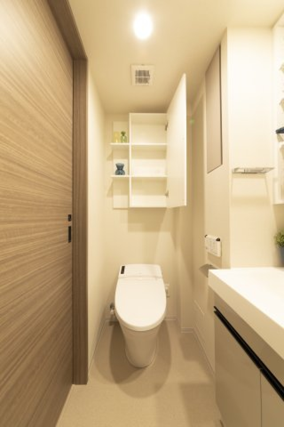 収納棚のついた、トイレは清潔感があり、機能性にも優れています！
※参考写真　家具などは付いておりません。