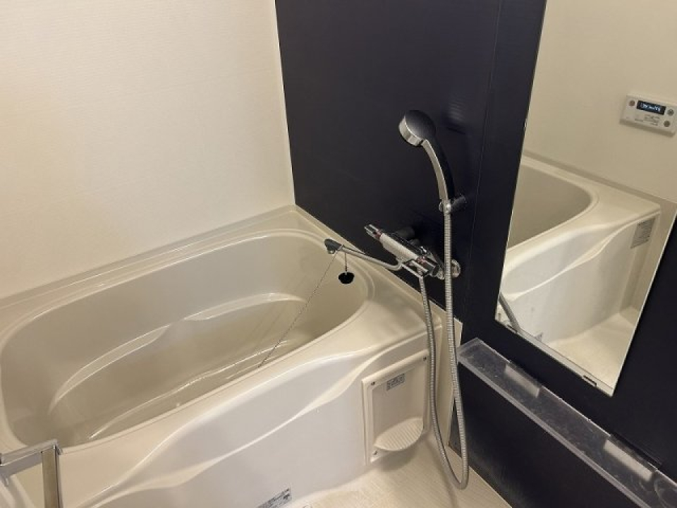 ダークトーンのパネルが導入された浴室です。