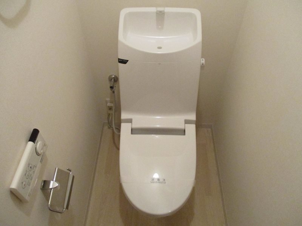 シンプルなトイレ。シルバーのペーパーホルダーがアクセントに。