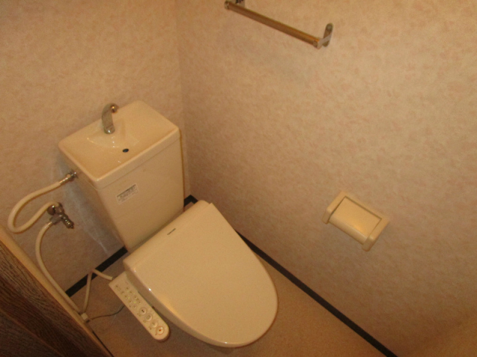 柄付きの壁紙が印象的なトイレ。