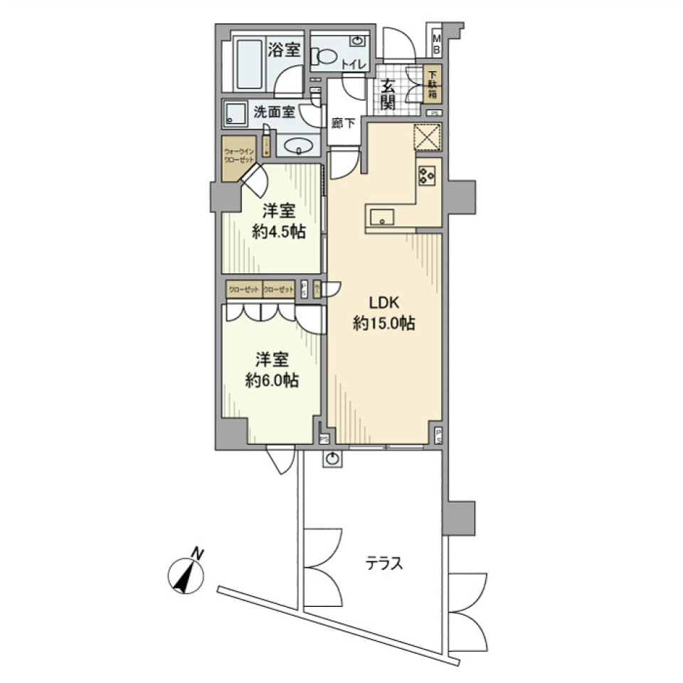 広々テラスが1階に住む特権。桜新町の2LDKの間取り図