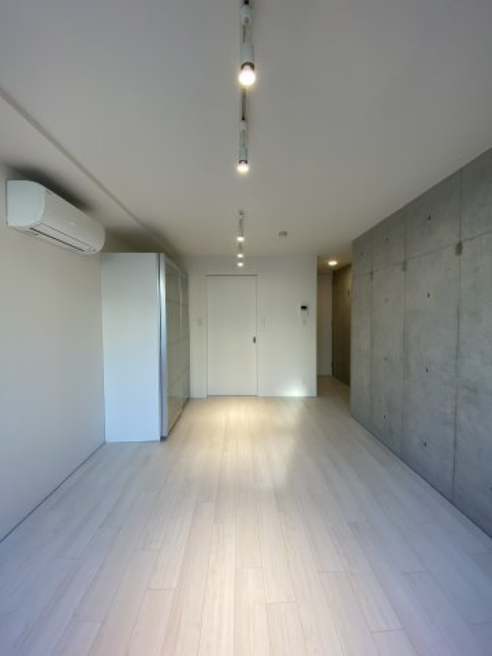 アクセントウォールがコンクリートのデザイナーズルーム！照明、壁、床、何かにつけて贅沢が散りばめられています。