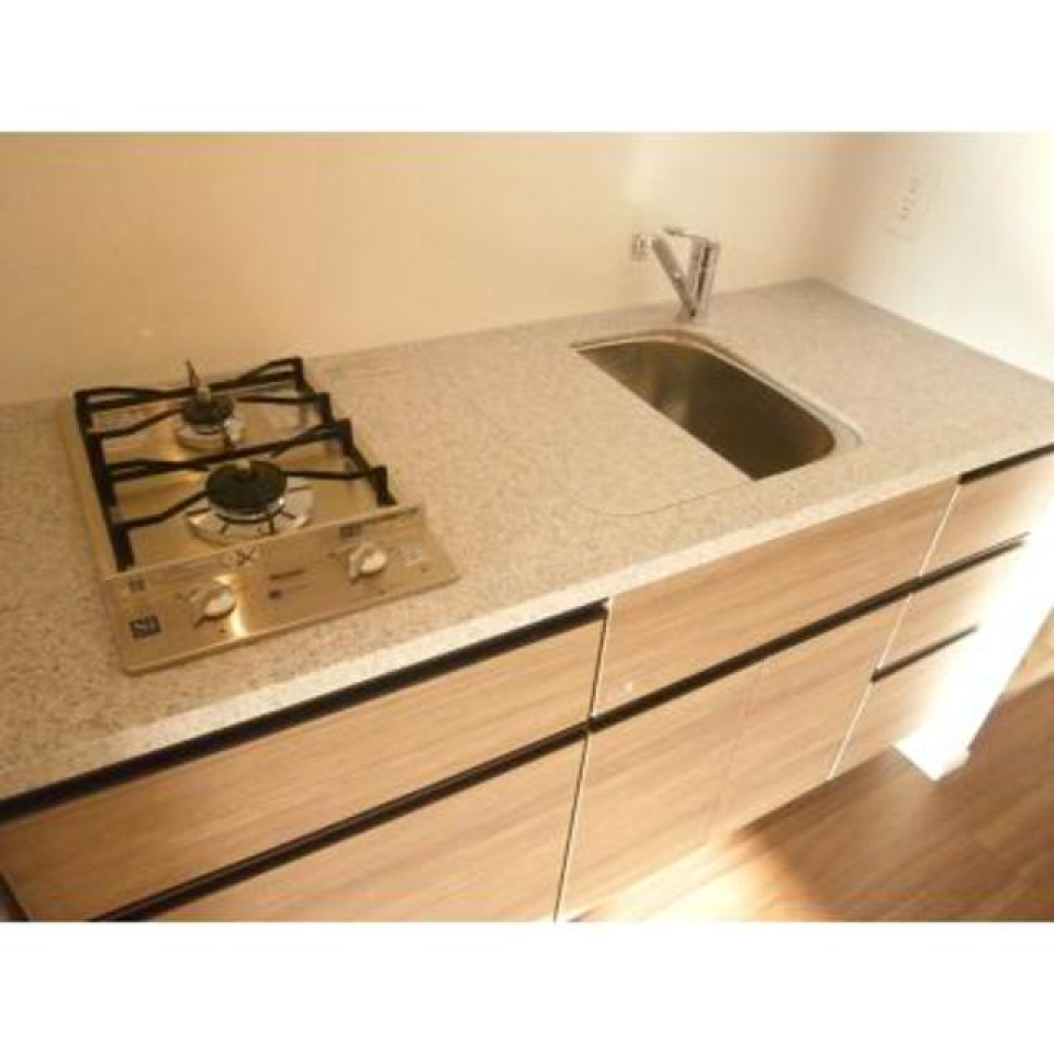 キッチンです。2口のガスコンロ付きです。
※写真は同タイプ住戸です。