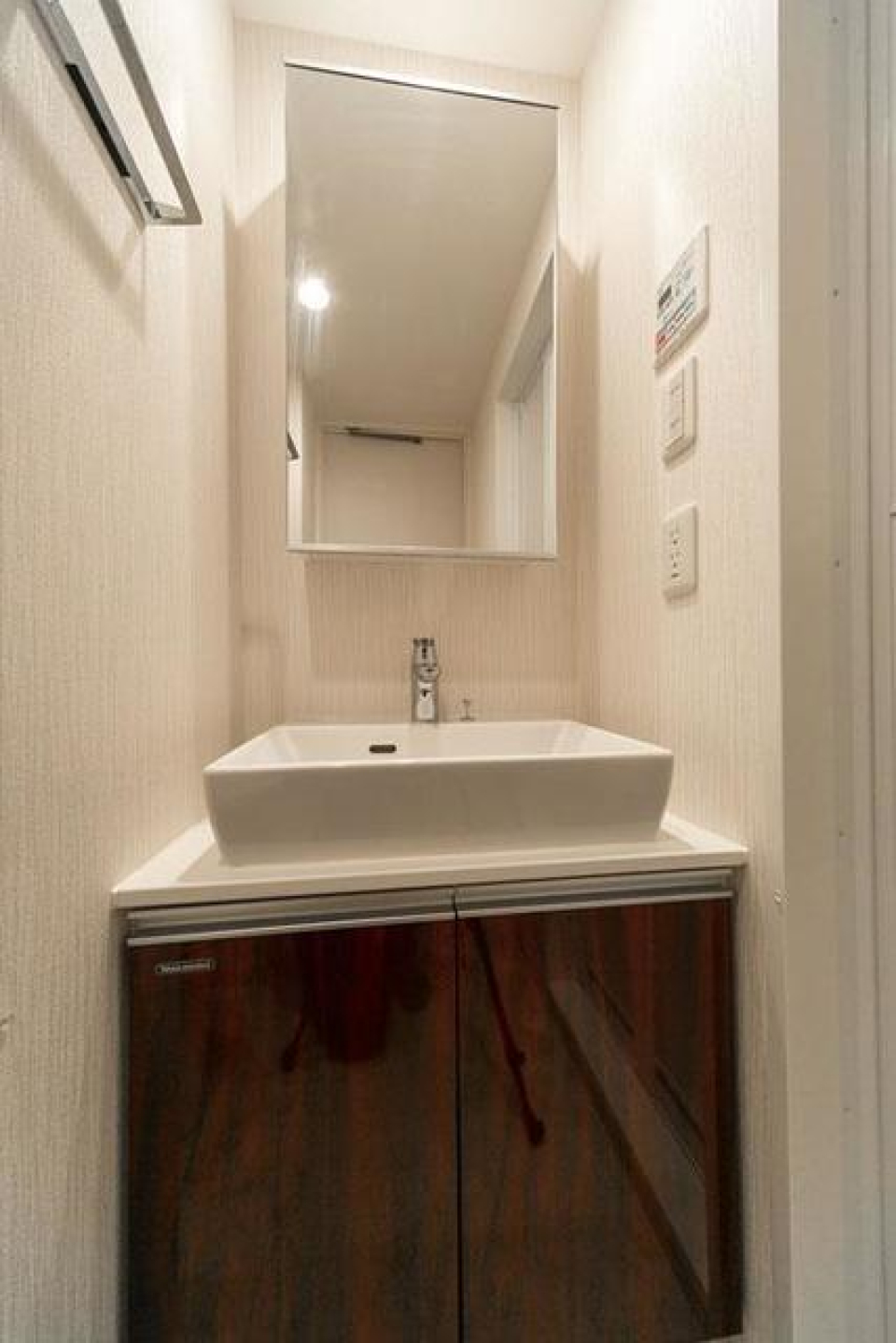 ブラウンのパネルが採用された洗面台です。※写真は同タイプ住戸です。