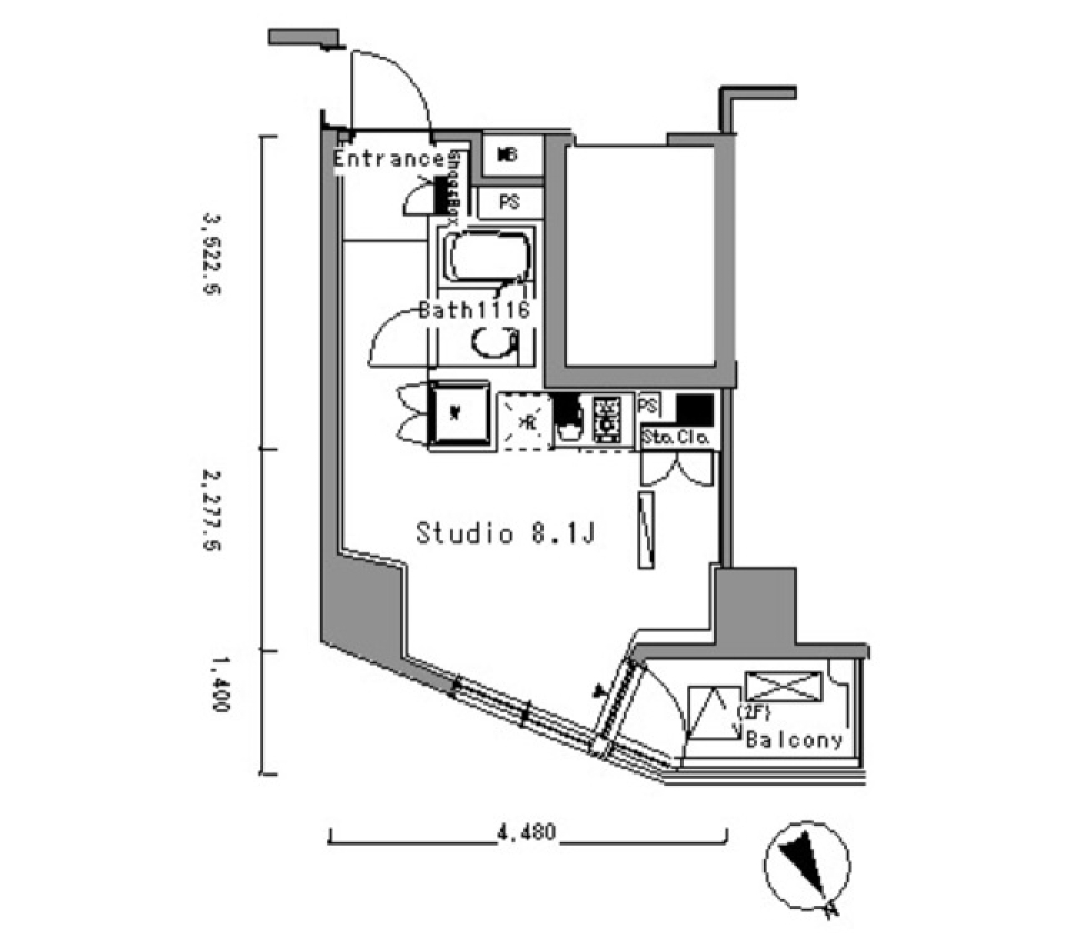 アシメトリカルな角部屋［ペット可］の間取り図