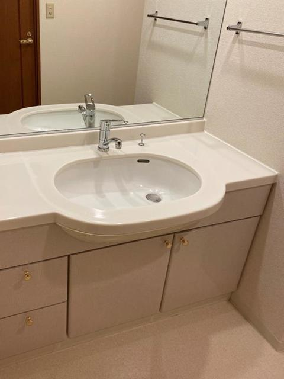 鏡が大き目の洗面台はけっこう嬉しい。※写真は同タイプ住戸です。